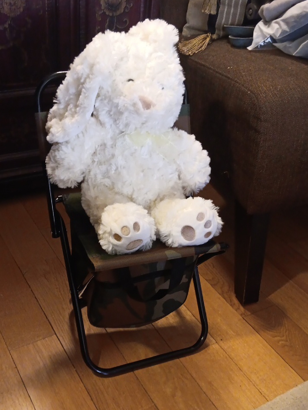 Plush White Bunny Stuffed Animal with Metal Camo Folding Chair  Kids Toy